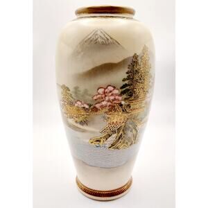 Antique Japanese Meiji Period Satsuma Earthenware Vase Landscape Gold Gilt